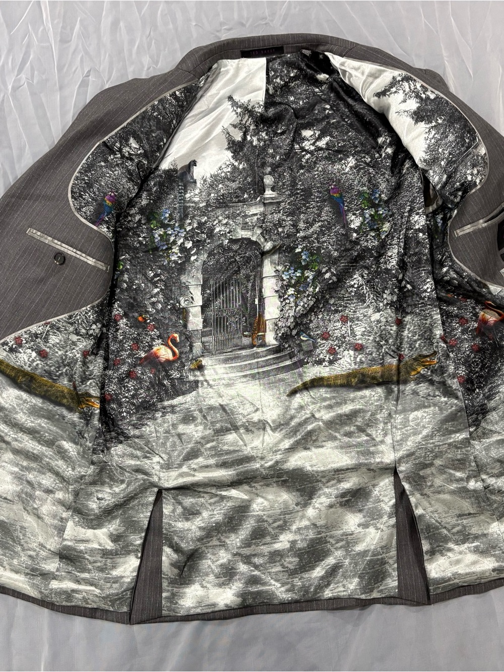 Ted Baker Gray Pinstripe Blazer with Scenic Printed Lining
